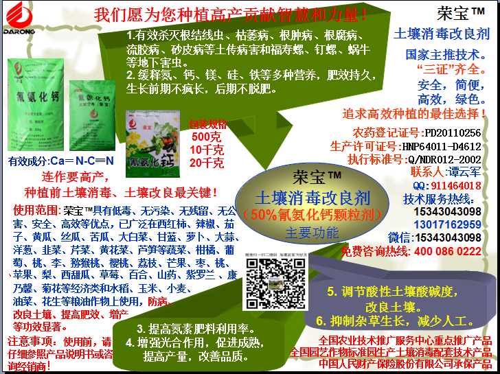 榮寶（氰氨化鈣）顆粒殺菌劑，土壤消毒、緩釋氮鈣營(yíng)養(yǎng)、肥料增效、土壤改良四效合一，殺滅根結(jié)線(xiàn)蟲(chóng)，防治根腫病、根腐病、枯萎病、流膠病、蓮藕腐敗病等土傳病害，殺滅福壽螺、釘螺等地下害蟲(chóng)，解決連作障礙